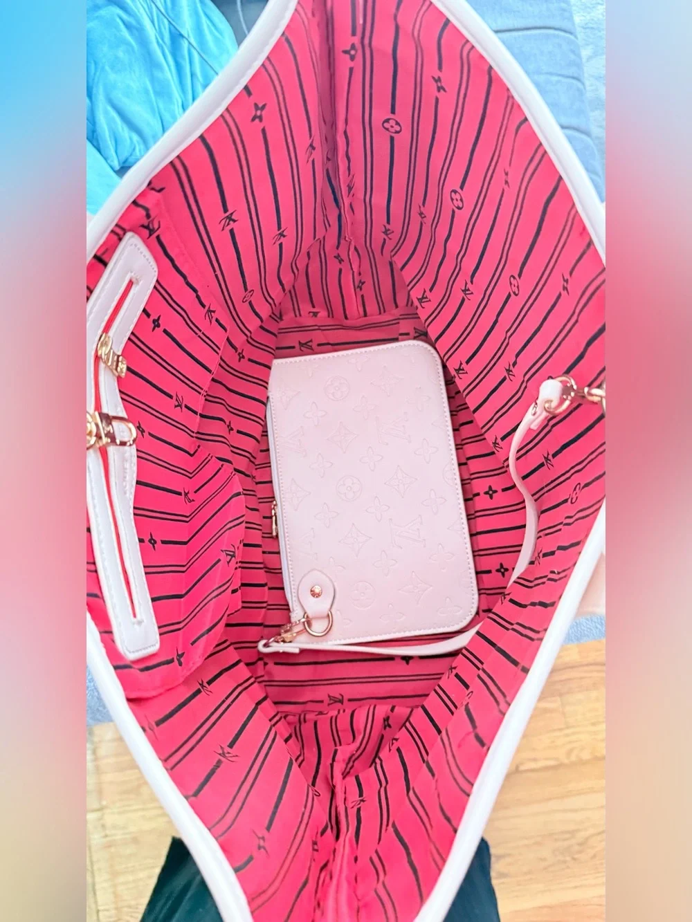 Elegant Blush Pink Embossed Tote Bag with Gold Accents